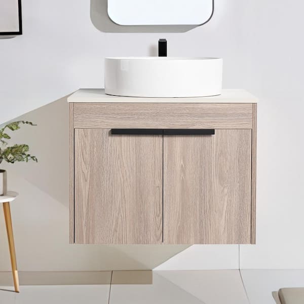 Modern 29.5 in. W x 18.9 in. D x 23.8 in . H Floating Bath Vanity in White Oak with White Ceramic Top