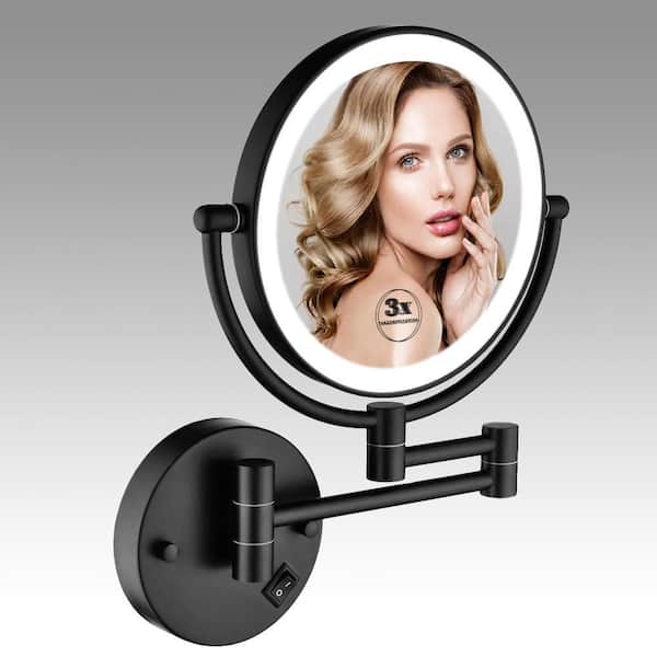 13.5 in. x 8 in. Double-Sided Magnifying Retractable Mirror Wall-Mount LED Makeup Bathroom Makeup Mirror in Black