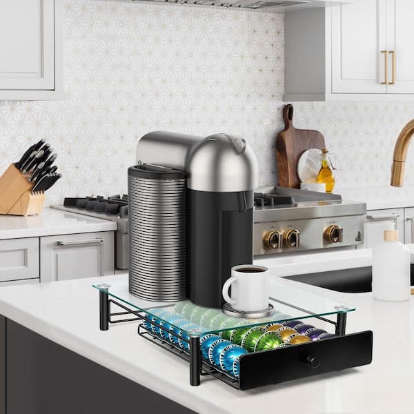 Black Tempered Glass Coffee Pod Organizer Drawer with Easy Slide Feature for Nespresso, Holds 40 Capsules