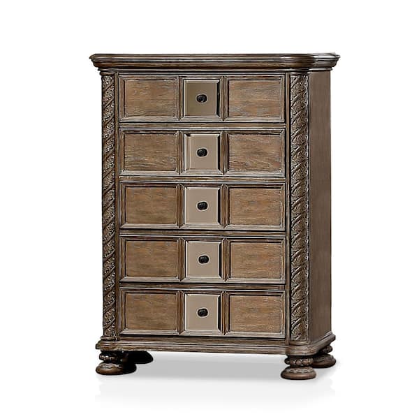 Furniture of America Nevva Rustic Natural Tone 5-Drawer 53.25 in. H x 38.5 in. W x 18 in. D Chest of-Drawers with Mirrored Accents