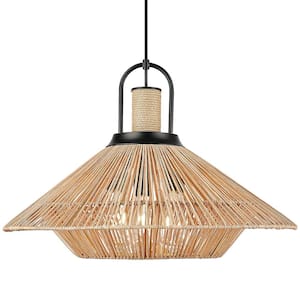 Wood 3-Light Hand-Woven Black Hanging Pendant Chandelier for Kitchen Island with Rattan Shade with No Bulbs Included