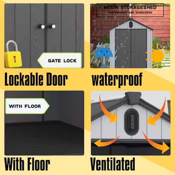 6 ft. W x 8 ft. D Plastic Storage Shed Outdoor Big Tool Room for Backyard Garden, Black and Gray (46.8 sq. ft.)