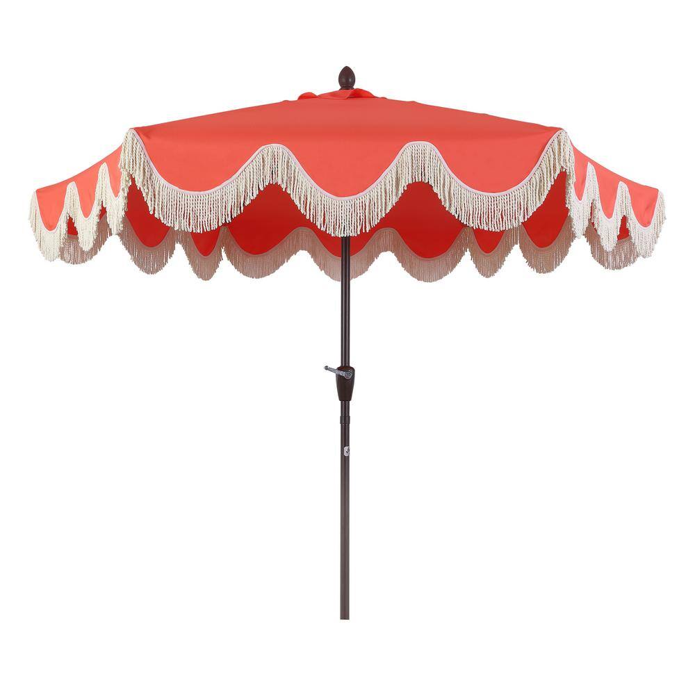 Collins 9 ft. Coral Red and Cream Tassel Patio Umbrella with Auto-Tilt
