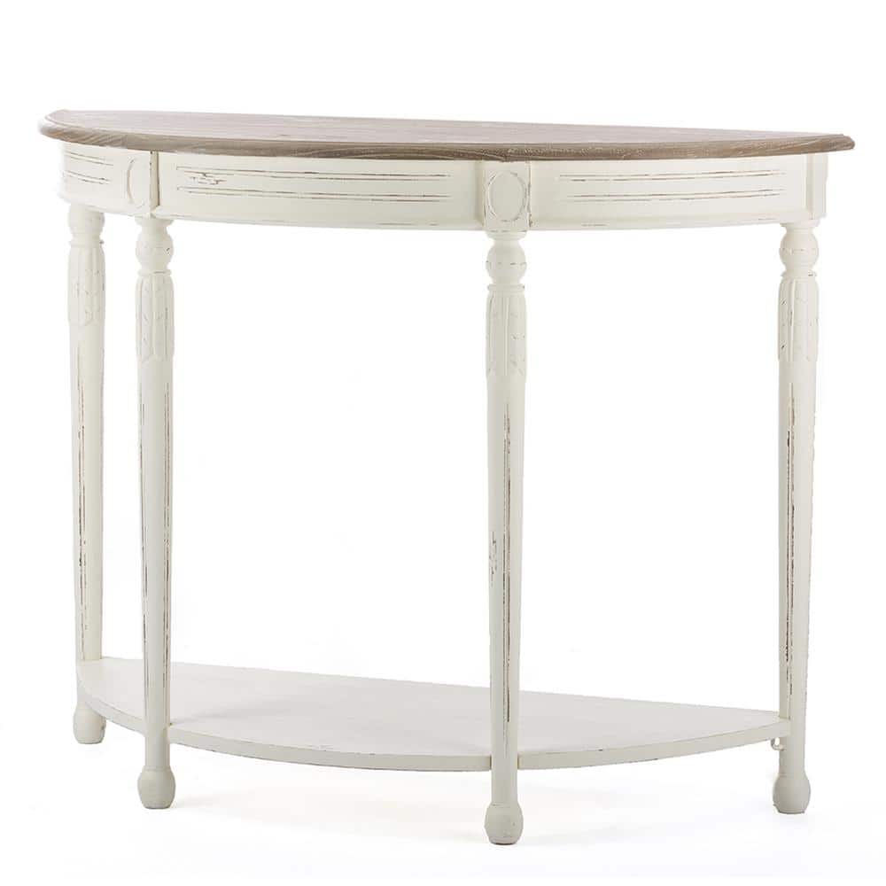 Antique White and Natural Wood Demilune Console Table with Storage