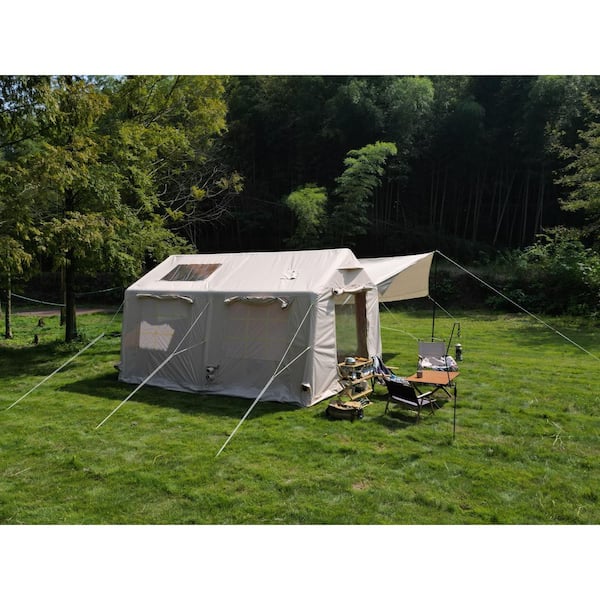 9.8 ft. x 13 ft. Beige Inflatable Camping Tent with Canopy and Hand Pump