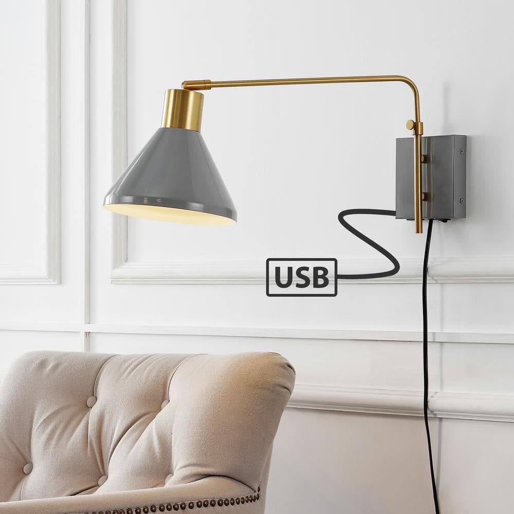 Max 20.5" Gray and Brass Gold Iron Swing Arm Sconce with USB Port