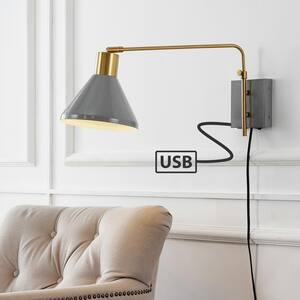 Max 20.5 in. Swing Arm 1-Light Grey/Brass Gold Modern Midcentury Iron USB Charging Port LED Wall Sconce