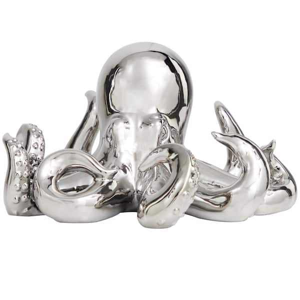 Litton Lane 11 in. x 7 in. Silver Ceramic Octopus Sculpture with Textured Tentacles
