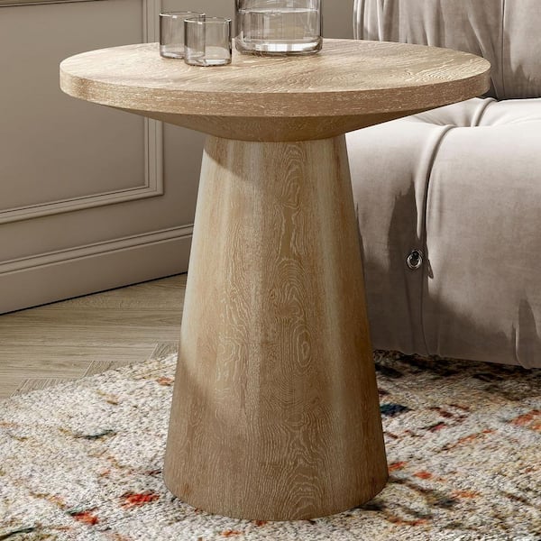 Furniture of America Leander 20 in. Oak Round Wood End Table with Cone-Shaped Pedestal Base