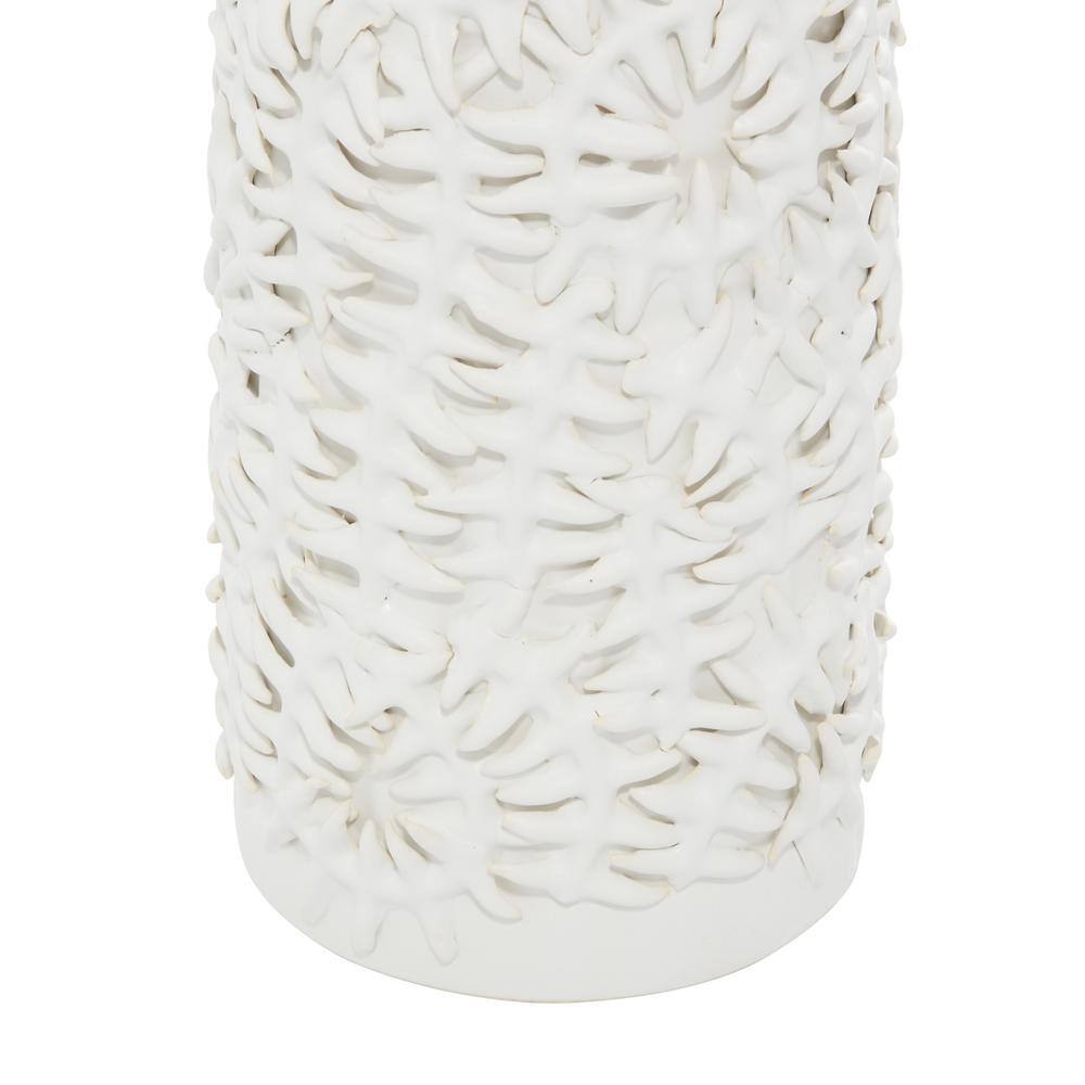 Contemporary Matte White Ceramic Cylinder Vase with Pine Leaf Pattern