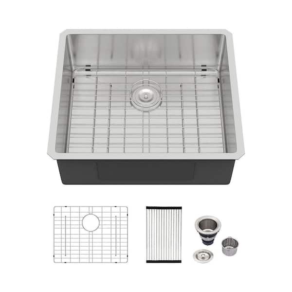 25 in. Undermount Single Bowl 16-Gauge Brushed Stainless Steel Kitchen Sink with Drying Rack and Bottom Grid