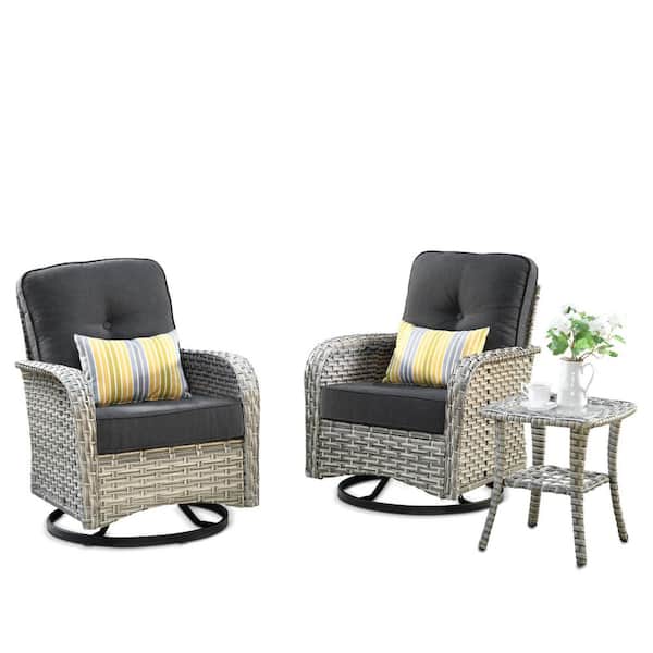 Beverly Gray 3-Piece Wicker Outdoor Patio Conversation Swivel Rocking Chair Seating Set with Black Cushions