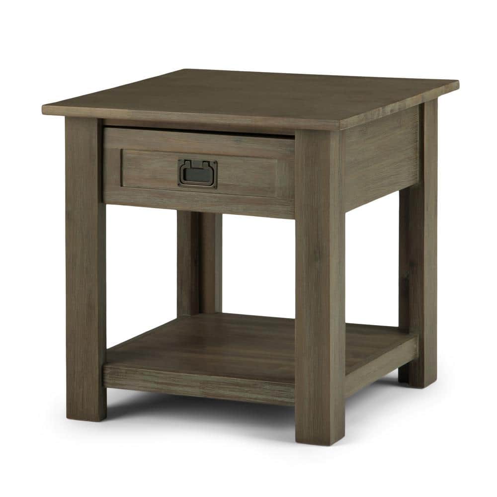 Monroe Solid Acacia Wood Square End Table in Distressed Grey with Storage