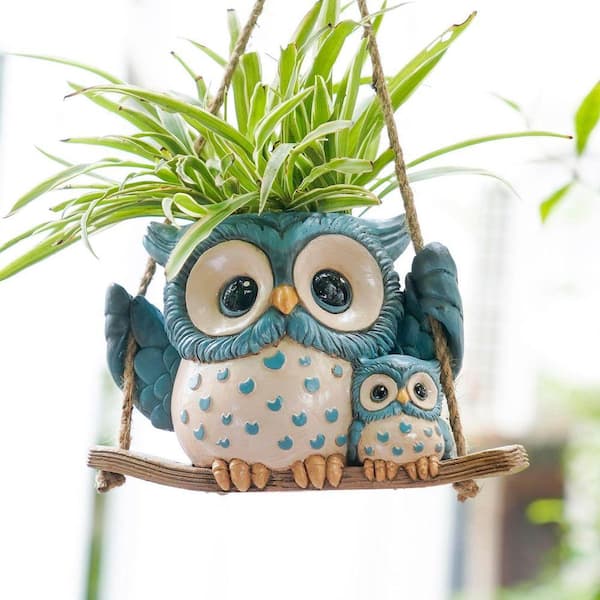 Justincity Blue Resin Hanging Swing Owl Planter with Drainage Hole, Indoor Outdoor Succulent Pot for Plants, 1-Pack