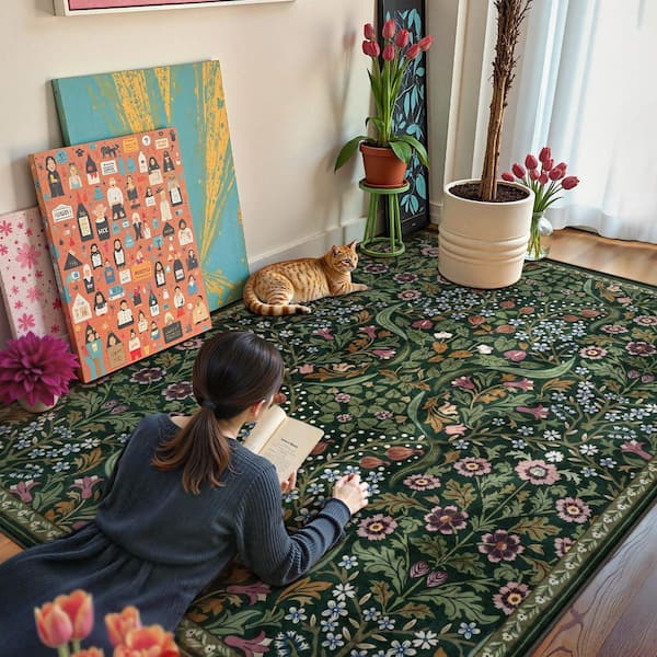 Multi-Colored Floral Plant Washable 5 ft. x 7 ft. Green Area Rug