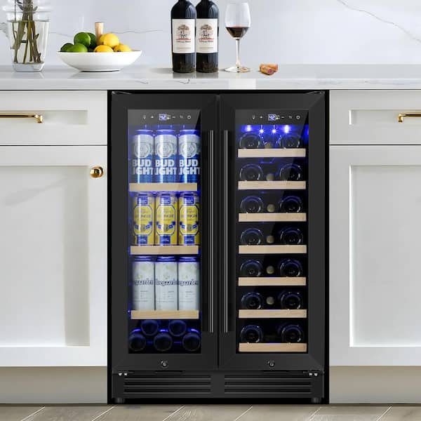 TITTLA 23.42 in. Dual Zone 20 Bottles and 60 Cans Built-in&Freestanding Beverage and Wine Cooler Refrigerator in Black Blue LED