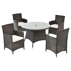 Brown 5 Piece Aluminum Round Outdoor Dining Set with Cushions and Umbrella Hole Cutout for Patio Backyard Porch Garden