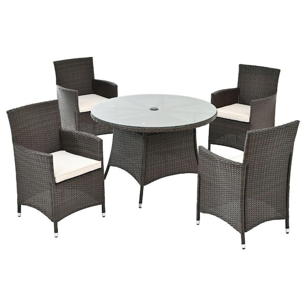 ITOPFOX Brown 5 Piece Aluminum Round Outdoor Dining Set with Cushions and Umbrella Hole Cutout for Patio Backyard Porch Garden