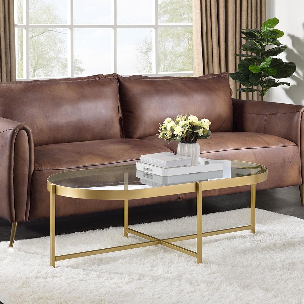 Elegant Oval Tempered Glass Outdoor Coffee Table with Gold Metal Base