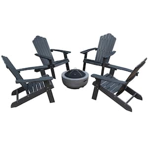 Lanier 5-Piece Black Recycled Plastic Patio Conversation Adirondack Chair Set with a Grey Wood-Burning Firepit