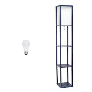 62.5 in. Navy Blue Column Shelf Floor Lamp for Living Room, Bedroom, Office, with Linen Shade and LED Bulb