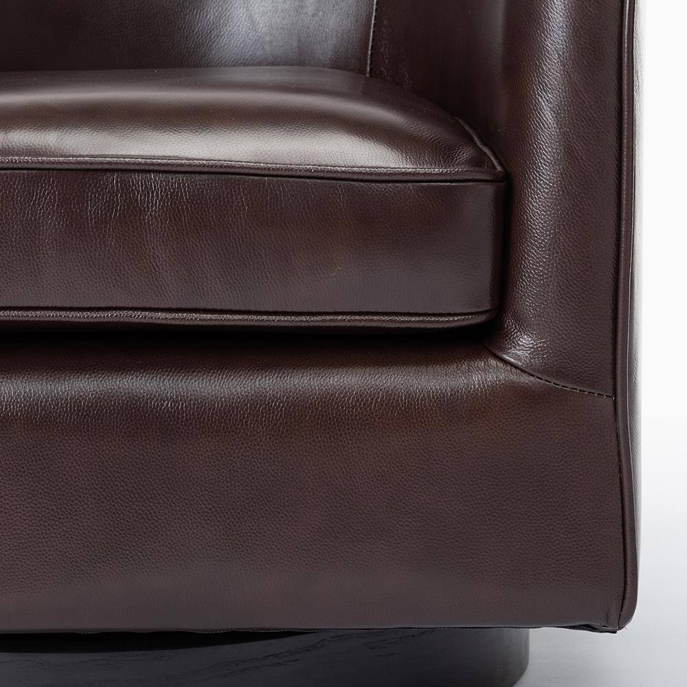 Transitional Black Top Grain Leather Swivel Barrel Chair with Wooden Base