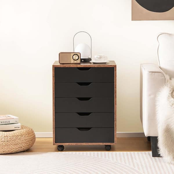 Costway Rustic Brown 5 Drawer 19 in. Chest of Drawers Storage Dresser Floor Cabinet Organizer with Wheels