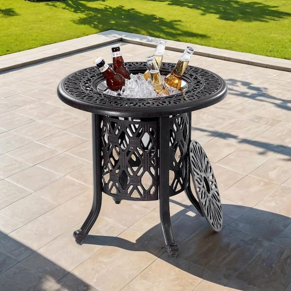 Clihome 21 in Cast Aluminum Ice Bucket Table with Removable Stainless Steel Insert for Patio Balcony and Poolside Outdoor Use