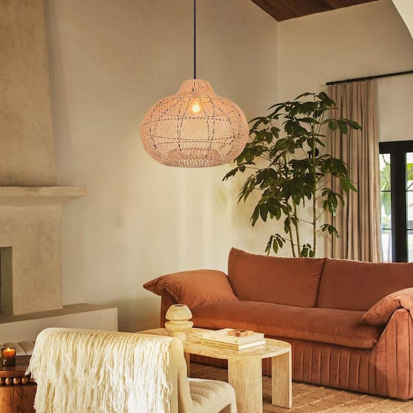 60-Watt 1-Light Natural Handwoven Rattan Pendant Light with Black Iron Frame, Spherical Shade, No Bulbs Included, 20 in.