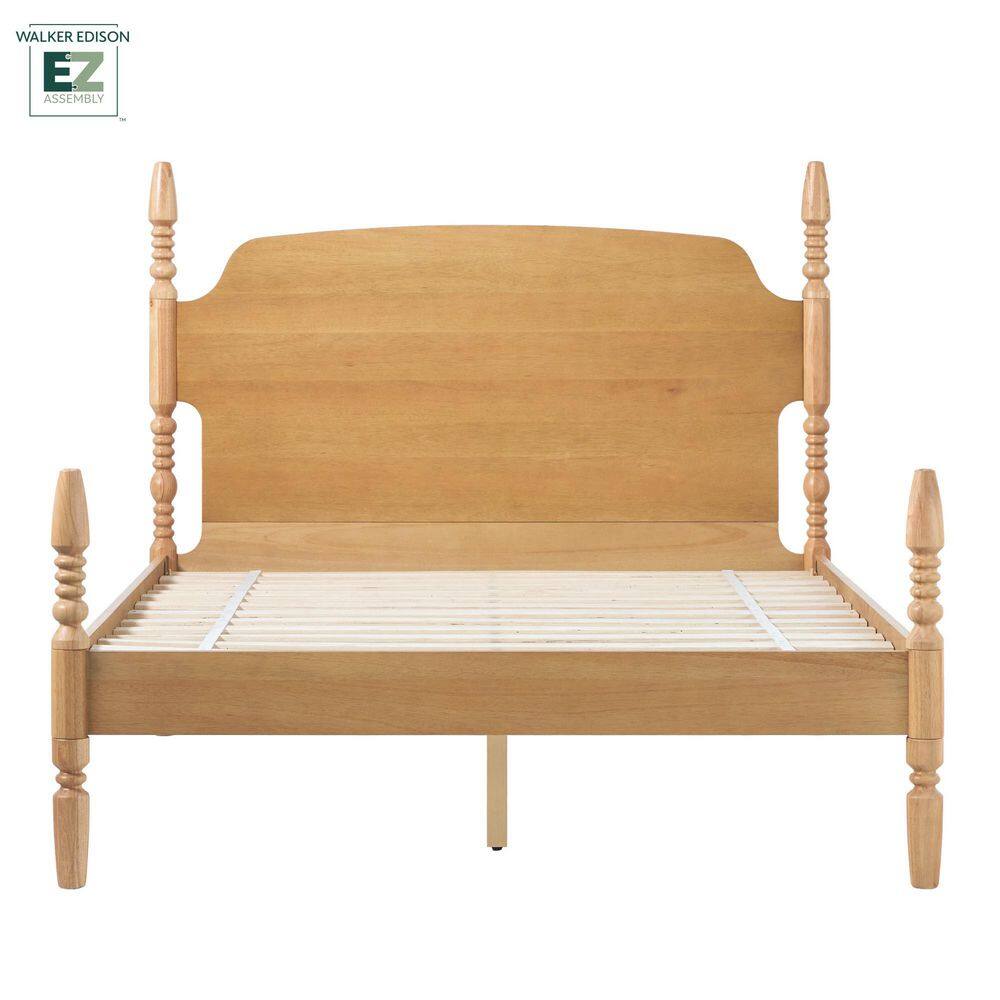 Natural Solid Wood Queen Spindle Bed Frame with Upholstered Headboard