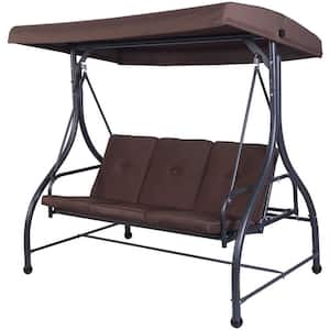3-Person Black Metal Patio Swing with Brown Cushion