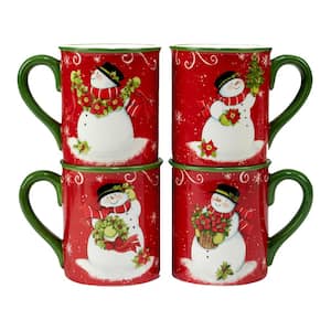 Holiday Magic Snowman 16 oz. Multi-Colored Earthenware Beverage Mug (Set of 4)