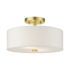 Meridian 2-Light Satin Brass Semi Flush Mount with Off-White Shade