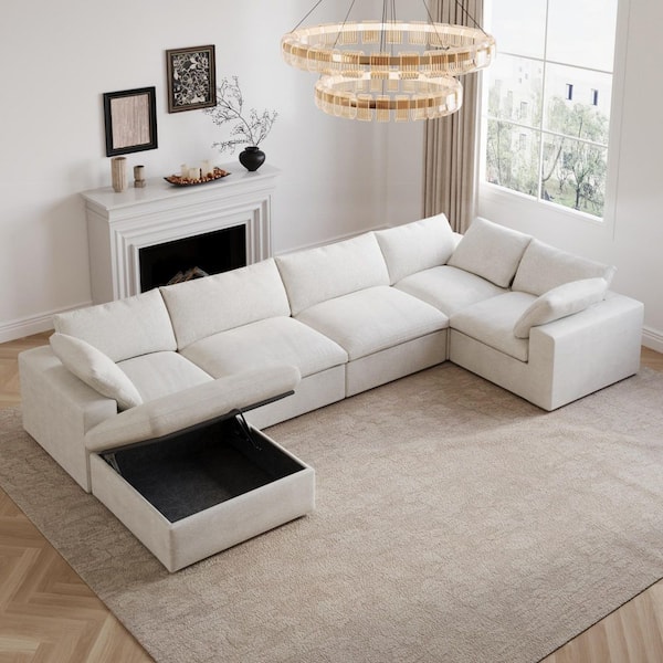 157.32 in. Square Arm 6-piece Linen Down Sectional Sofa with Storage in. White