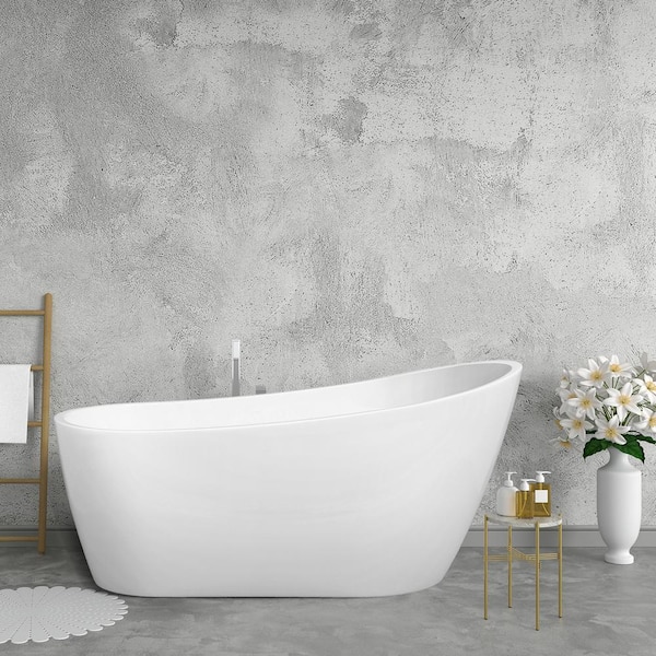 Getpro 67 in. Acrylic Single Slipper Flatbottom Soaking Bathtub with Stainless Steel Overflow and Drain in White