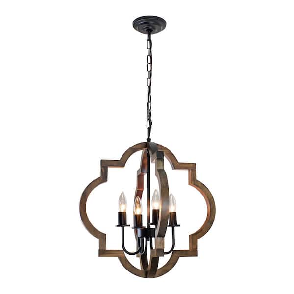 4-Light Farmhouse Wood Chandelier, 19.49 in. Rustic Original Wood Color Chandelier for Kitchen Island Over Dining Table