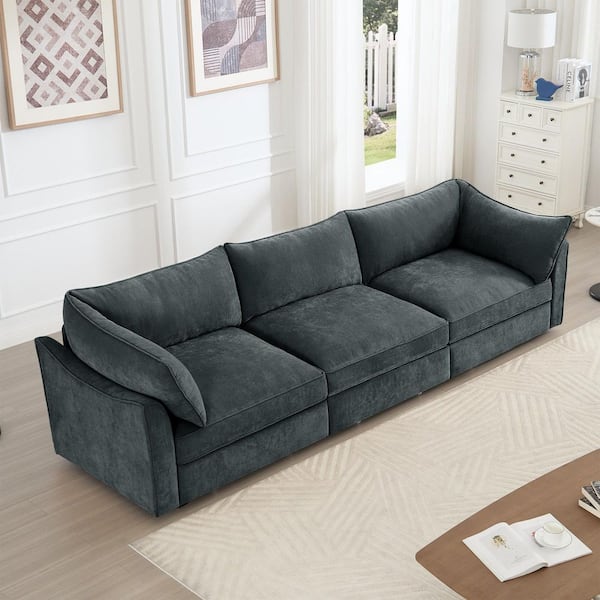 Solitary 112.6 in. Flared Arm Chenille Rectangle 3-Seater Sofa in Gray with Pull-Out Drawer