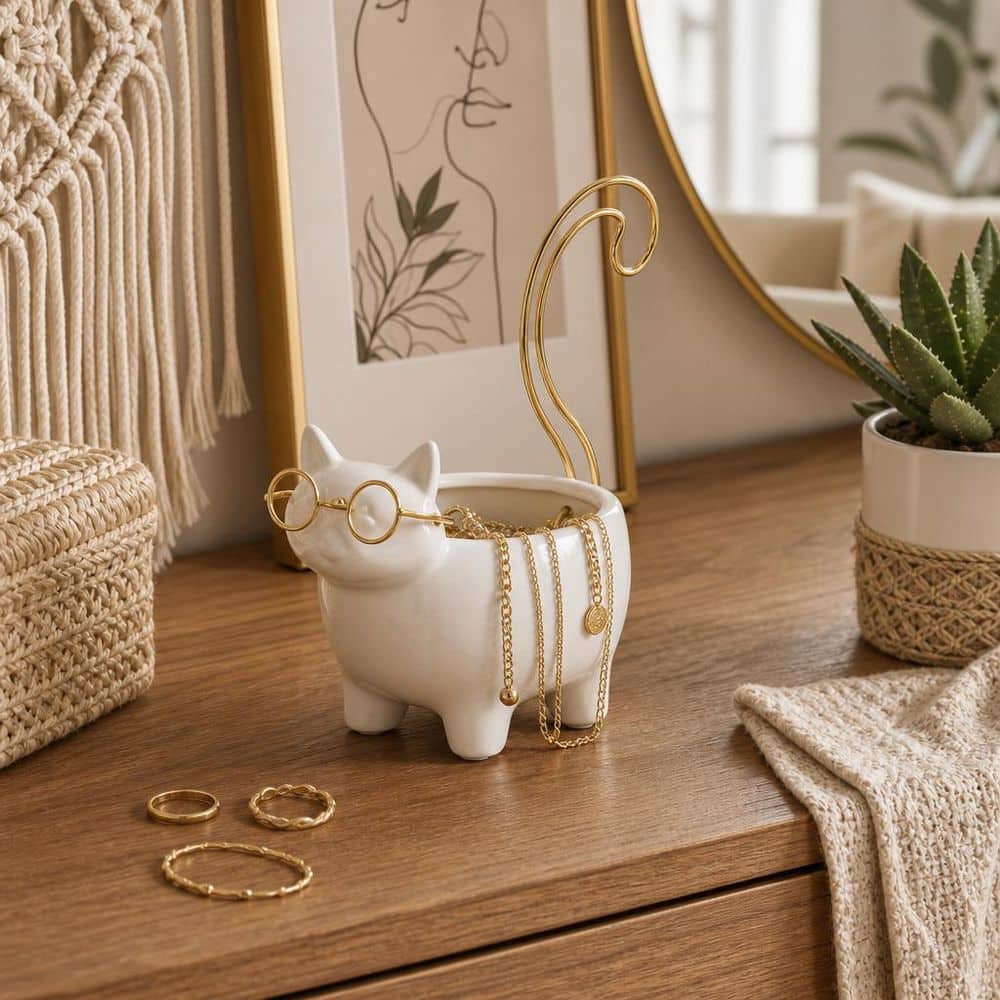 White/Gold Ceramic 6 in. Novelty Kitty Trinket Dish