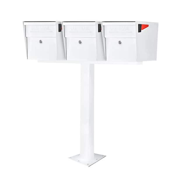 MailBoss X3 Locking Mailbox Post Mount Combo Kit, Alpine White, Surface Mount Post, 3 Compartment High Security Cluster