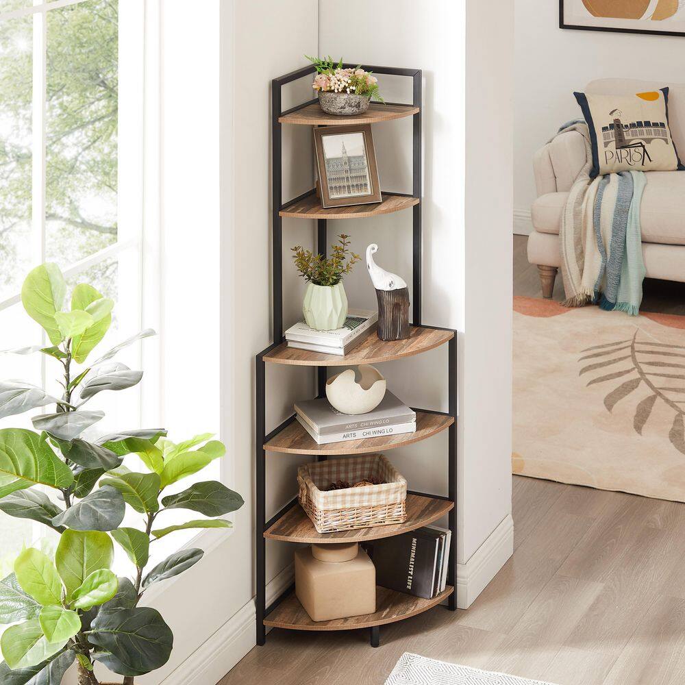 6-Shelf Corner Open Shelf Bookcase Wood Pantry Organizer Freestanding Shelving Unit, Plant Album Trinket Stand, Brown