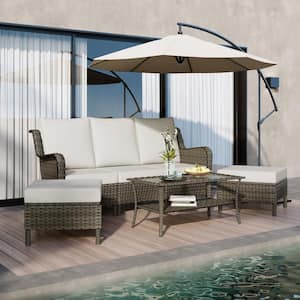 Taupe Brown 6-Piece PE Wicker Outdoor Sofa Patio Conversation and Coffee Table, Ottoman Set with Beige Cushions