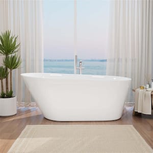 61 in. Single Slipper Acrylic Freestanding Flatbottom Bathtub with Polished Chrome Drain Soaking Tub in White