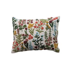 Multicolor Floral Microfiber 20 in. x 14 in. Throw Pillow with Embroidery