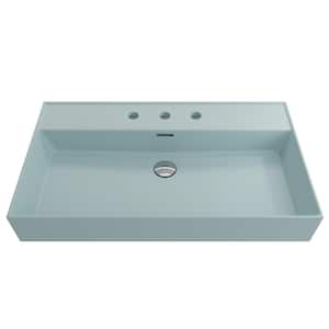 Milano Wall-Mounted Matte Ice Blue Fireclay Rectangular Bathroom Sink 32 in. 3-Hole with Overflow