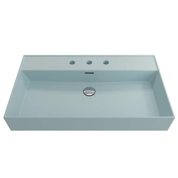 BOCCHI Milano Wall-Mounted Matte Ice Blue Fireclay Rectangular Bathroom Sink 32 in. 3-Hole with Overflow