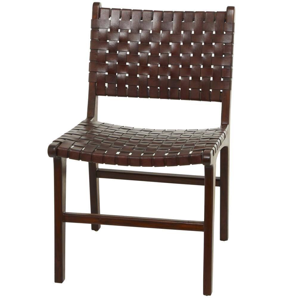 Litton Lane Brown Handmade Woven Leather Dining Chair With Teak Wood 