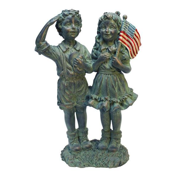 Design Toscano 9 in. W x 5 in. D x 14 in. H Patriotic Girl and Boy with Flag Garden Statue-DISCONTINUED
