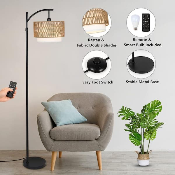 65 in. Black 1-Light Smart Dimmable Arc Floor Lamp for Living Room with LED Bulb and Brown Rattan and Fabric Shades