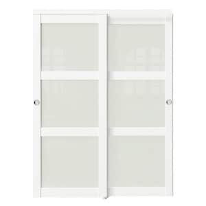 72 in. x 80 in. MDF Solid Core Frosted Glass 3-Lite PVC Covering White Assembly Required Sliding Door with Hardware