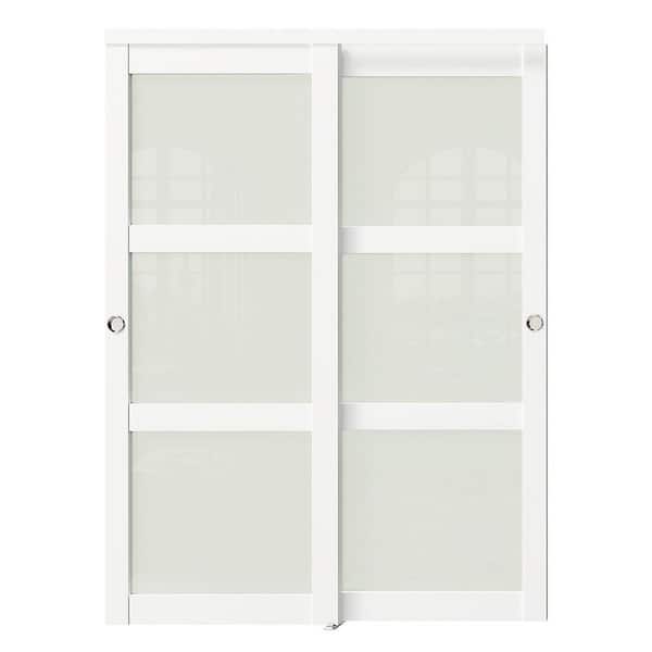 72 in. x 80 in. MDF Solid Core, Frosted Glass, 3-Lite, PVC Covering, White Sliding Door with All Hardware